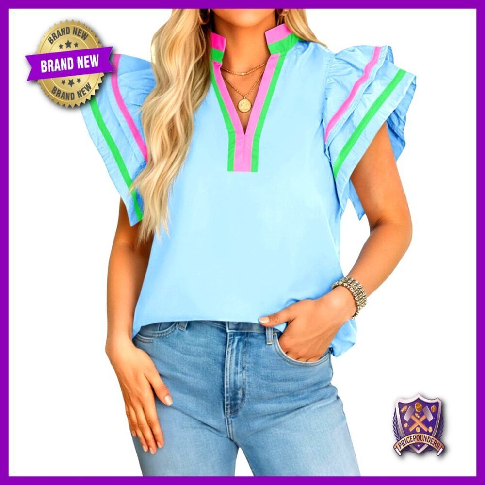 Ruffle Cap Sleeve Blouse Loose Fit V Neck Elegant Chic Summer Casual Top